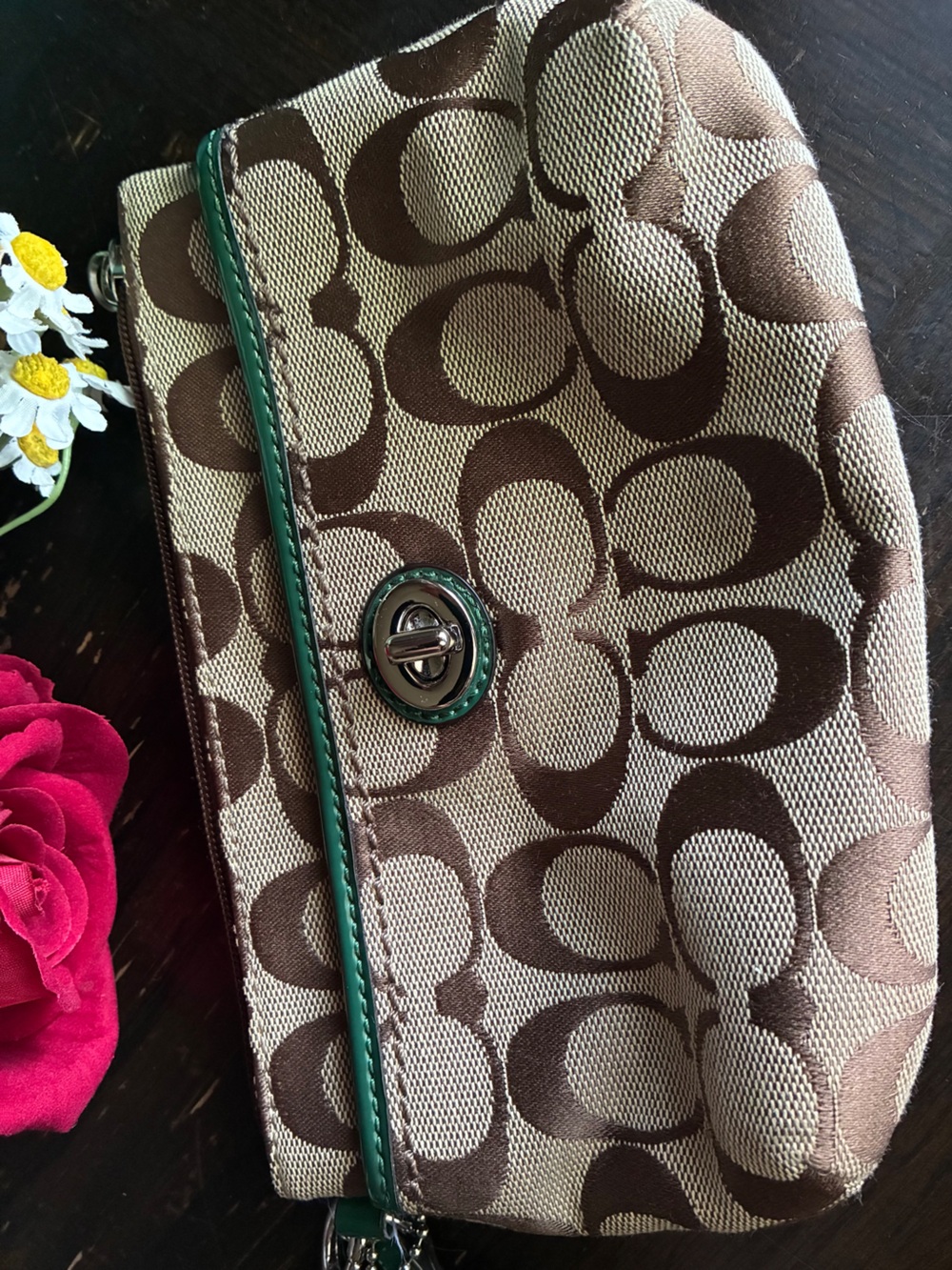 Coach Brown Signature Canvas Wristlet with Green Trim
